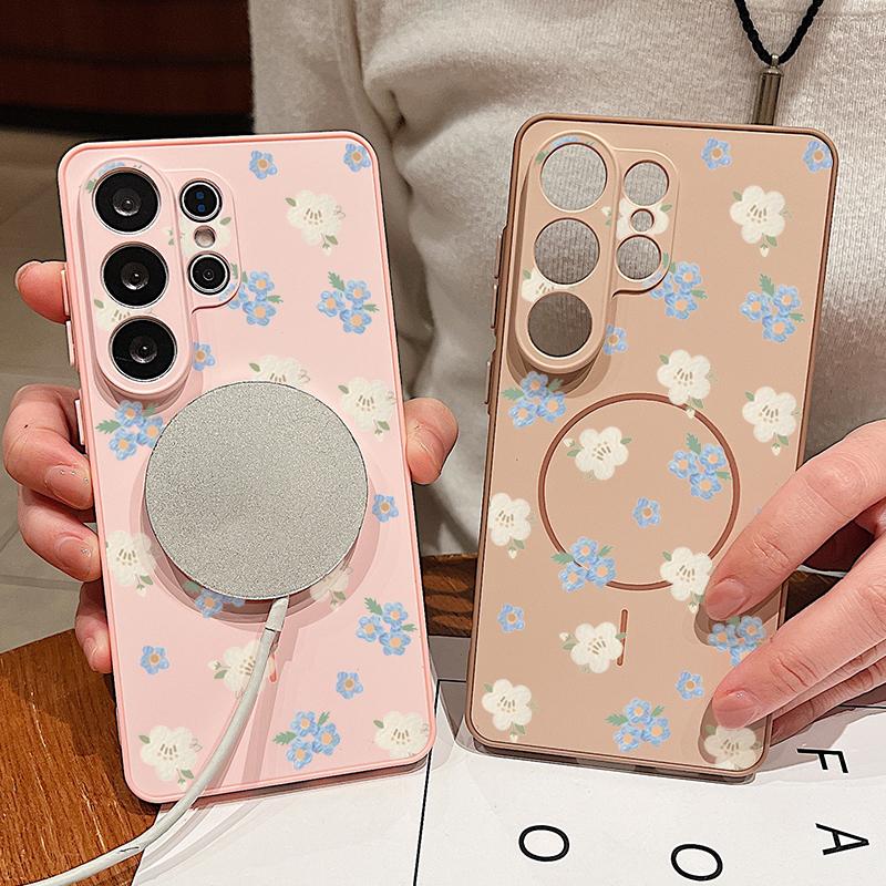 Magnetic For Magsafe Case For Samsung Galaxy S26 Ultra S25 Edge S24 Plus S23 FE S22 A54 A55 A56 5G Blue Flowers Pattern Matte Cover