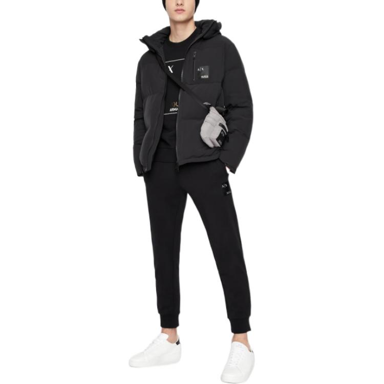 Armani Exchange Solid Logo Print Hooded Zip-Up Warm Long Sleeve Down Jacket Men Outerwear Black 6LZB12-ZNICZ-1200