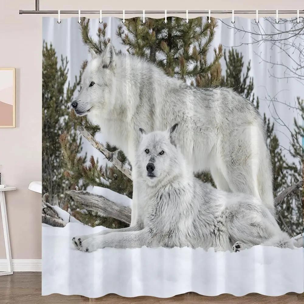 Wolf Silhouette Shower Curtain Black White Howling Thunderstorm Animal Moonlight Mystic Decor Bathroom Waterproof With 12 Hooks W60H190(CM)-1 Pcs