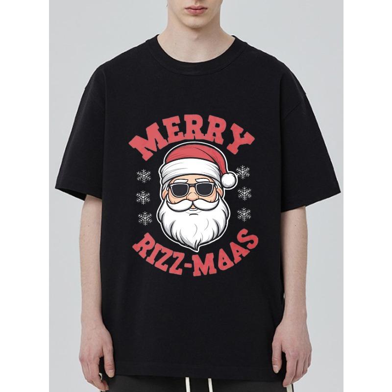 Merry Rizz Mas Christmas T-Shirt Black Santa Claus With Sunglasses And Snowflakes Print Casual Holiday Wear For Men And Women