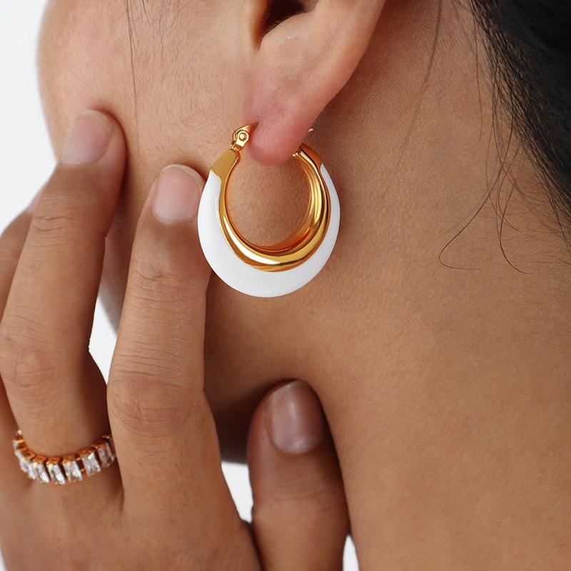 Stainless Steel Hoop Earrings for Women Gold Plated With Black White Enamel Drop Earring Chunky Ear Hoops Daily Wear Jewelry