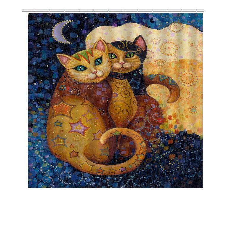 Bunter Nachtkatzen Duschvorhang Heimdeko Für Badezimmer Moderner Künstlerischer Druck Stoff Wasserabweisend Liner Set Größe 72X84Zoll