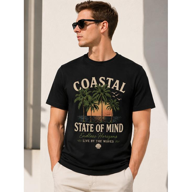 Men s Coastal State of Mind Graphic Tee - Short Sleeve Crew Neck Cotton Blend Beach Vacation Shirt with Palm Trees Sunset Print S