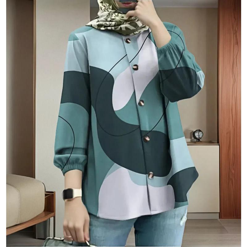 

YYFS Женские модные повседневные весенне-осенние блузки и рубашки с длинным рукавом и принтом в стиле колор-блок с круглым вырезом XXXXL павлин голубой