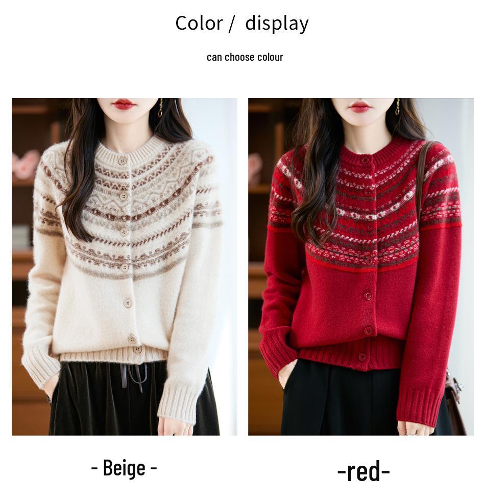 2025 Autumn/Winter 100% Wool Fair Isle Thick Cashmere Cardigan Sweater – Small Fragrance Style