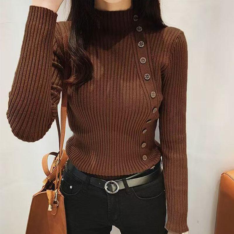 New interior style slim fit and fashionable half high collar long sleeved sweater knitted base pullover women's chic top