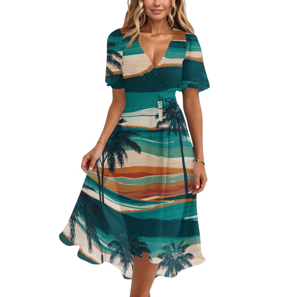 Vestito Casual da Donna con Scollo a V a Maniche Corte, Stampa Hawaiana, Lunghezza Midi, Estivo da Spiaggia, con Vita Elastica e Tessuto Leggero