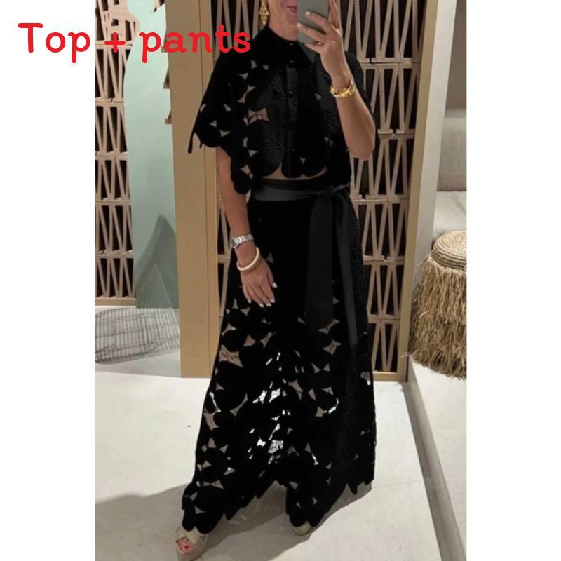 Summer Womens Casual Set With Hollow Out Overlay And Long Pants For Beach And Leisure