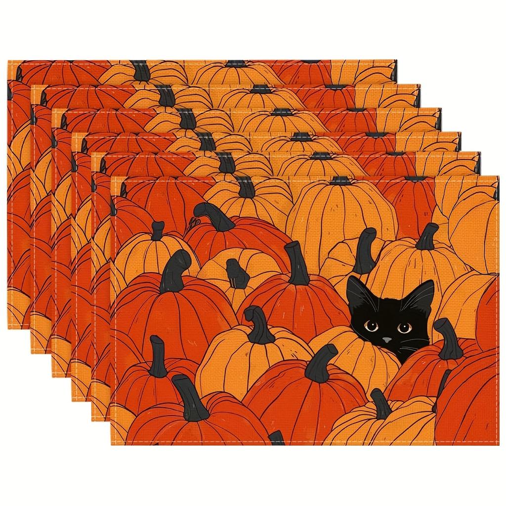 4/6pcs Set Black Cat In Pumpkin Patch Placemats, Seasonal Holiday Decor Suitable for Home Kitchen Dining Indoor Outdoor Use
