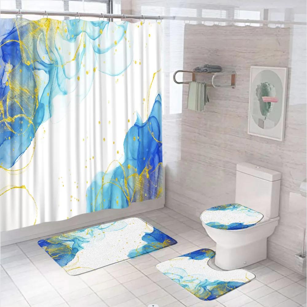 Marbling 3D Shower Curtains Luxury Marble Blue Golden Veins Bath Mats Set Pedestal Rug Toilet Cover Bathroom Curtain With Hooks