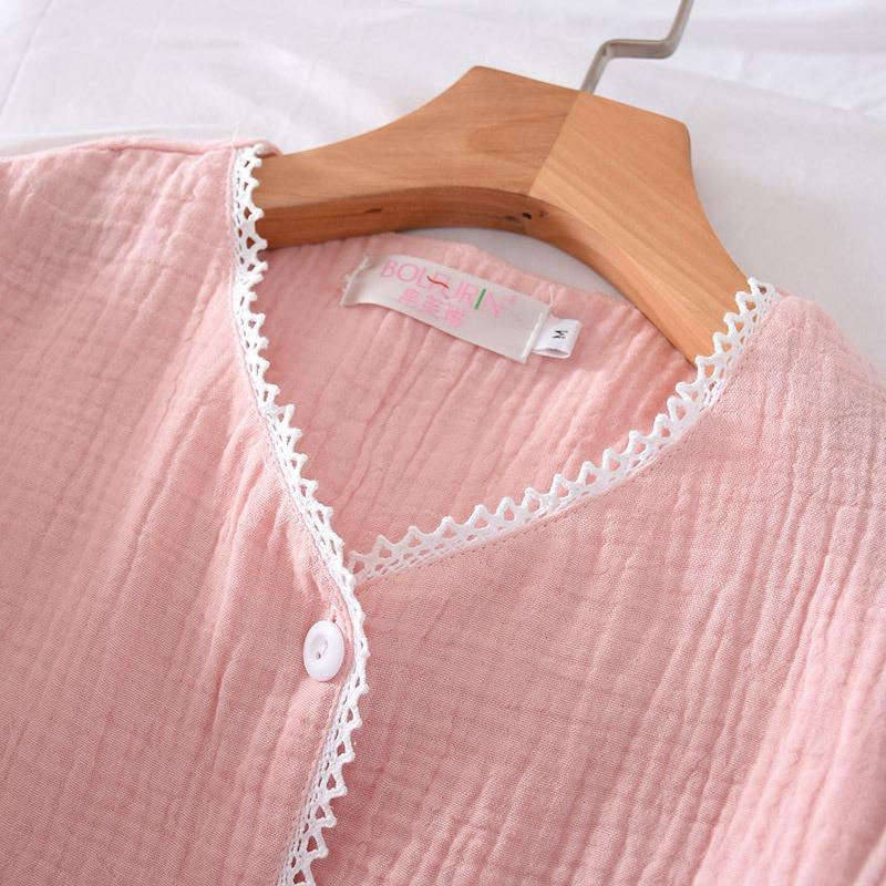Autumn and Winter Women's Pajamas 2-Piece Set 100% Crepe Cotton Ladies Lace-Trimmed Sleepwear Pajamas Long-Sleeved Trousers Set