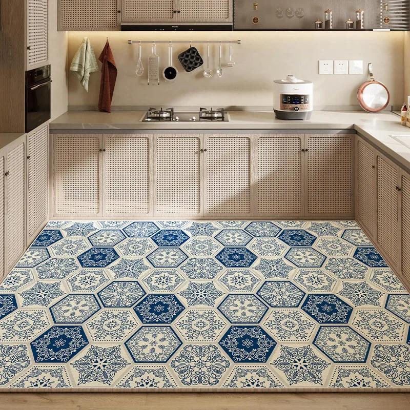 Rug for Kitchen Waterproof Floor Mat Pvc Leather Non-slip Carpet Large Blue Carpets Retro Classic Pattern Home Decoration Rugs