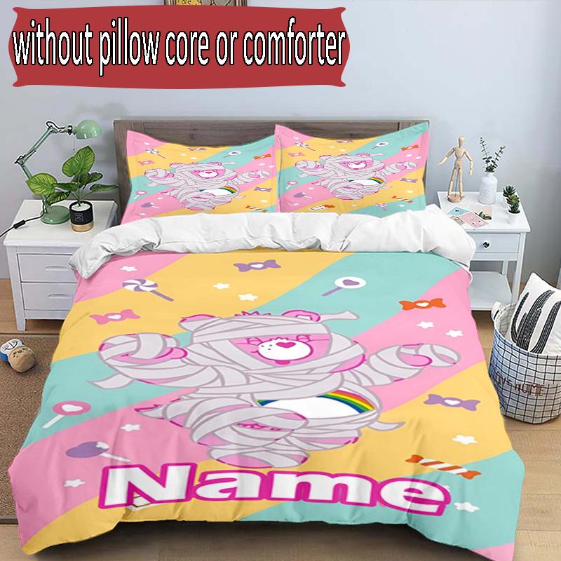 3'lü Nevresim Takımı (1*Nevresim Kılıfı + 2*Yastık Kılıfı, Çekirdeksiz), Kişiye Özel İsimli Care Bears Desenli Nevresim Takımı, Ev Yatak Odası Dekorasyon Hediyesi