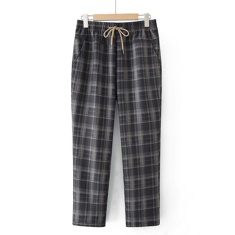 Spring Style Fashionable Plaid Elastic High Waist Pants for Middle-aged and Elderly Women