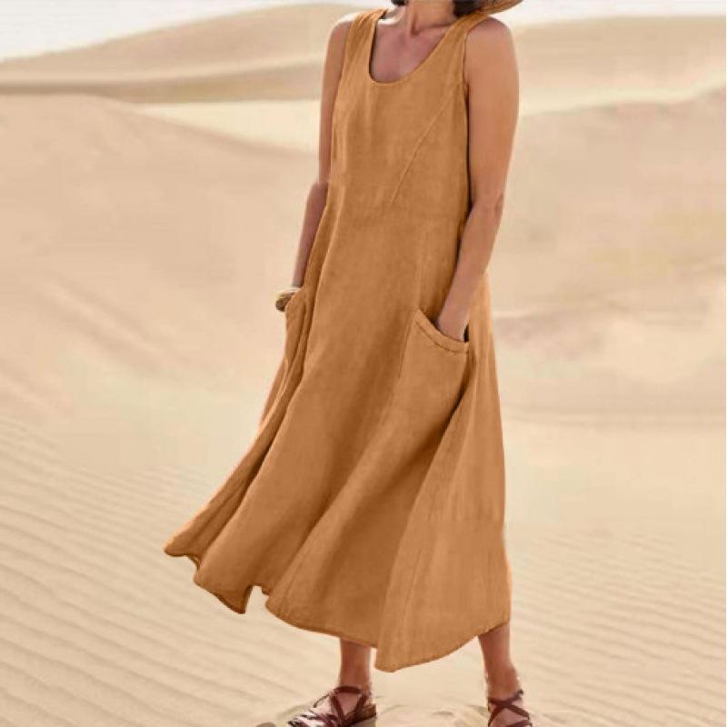 Damen Kleid aus Baumwollleinen, modisch, ärmellos, Rundhalsausschnitt, Tasche, einfarbig, langes Kleid, lässig, lockeres Strandkleid in Übergröße