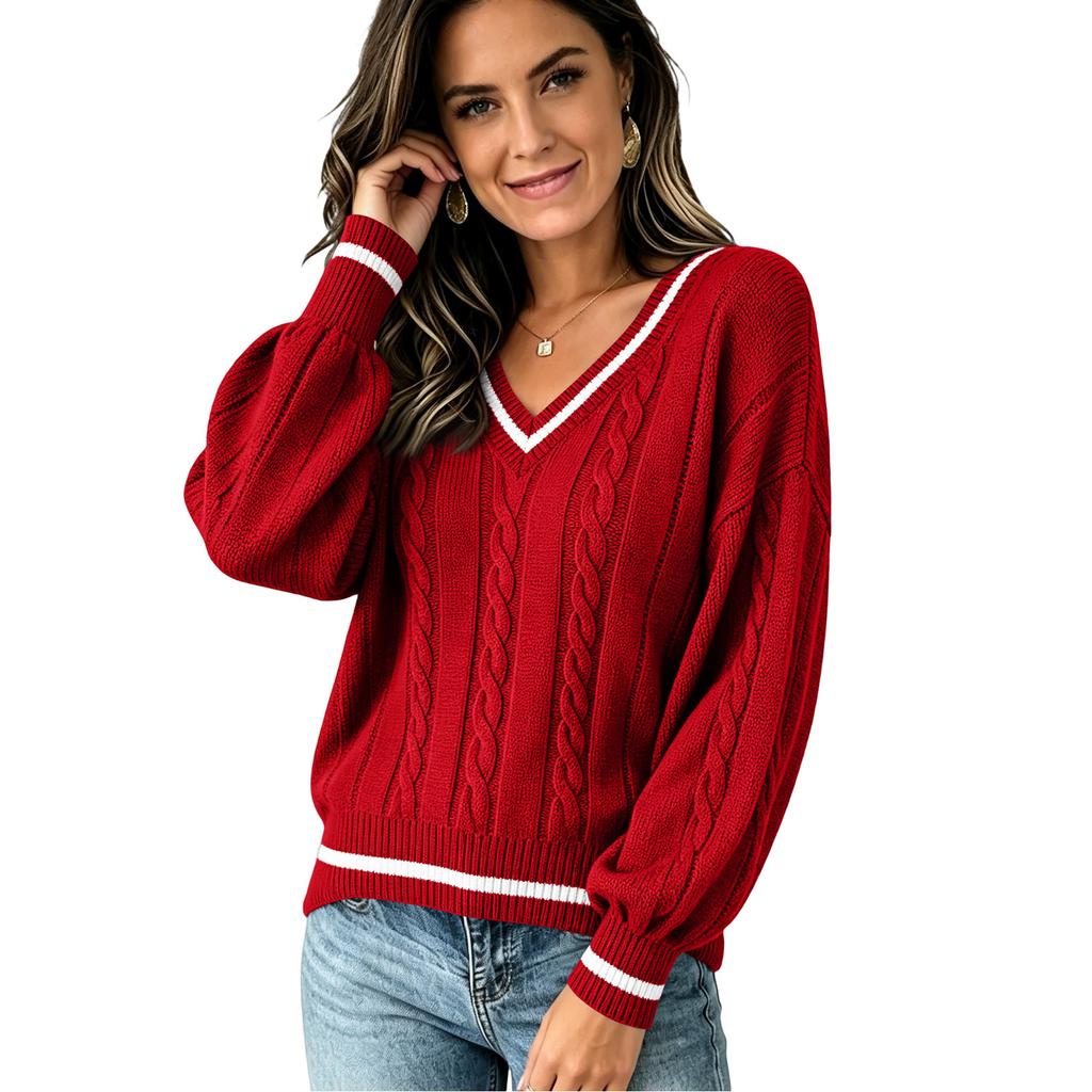 Women's V-Neck Cable Knit Sweater Loose Fit Color Block Long Sleeve Pullover Top