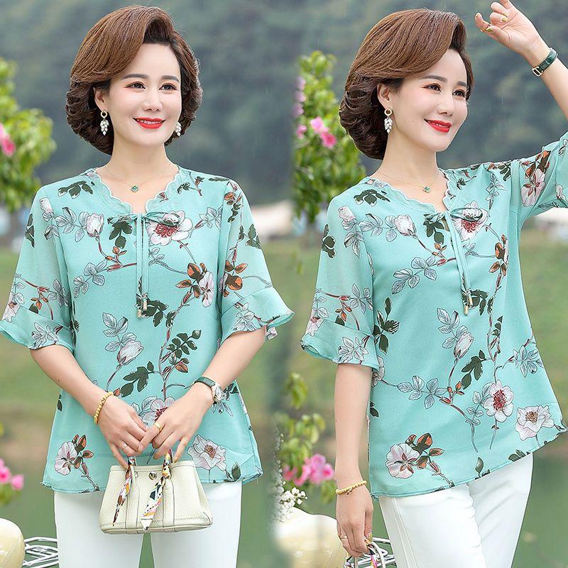 Mother Top Chiffon T-shirt Middle-aged and Elderly Short-sleeved Women's Clothing New Style Thin Shirt Fashionable