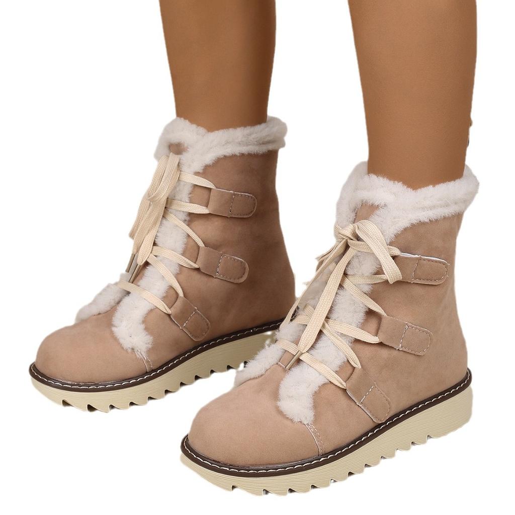 Plus Size Shoes for Women 36-43 Winter Plush Mid Calf Snow Boots Non-slip Warm Comfortable Lace Up Outdoor Round Toe Short Boots