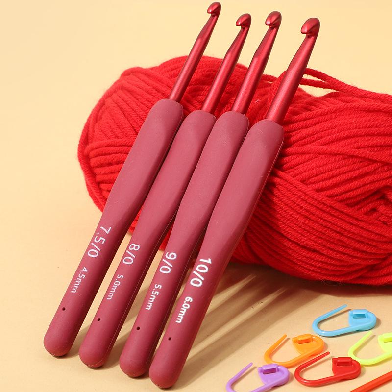 Red Soft Grip Crochet Hooks Set: Handmade Silicone Non-Slip Knitting Needles with Bag