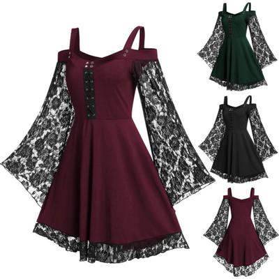 Women Gothic Cold Shoulder Long Flared Sleeve Waist Tight Bandage Party Dress