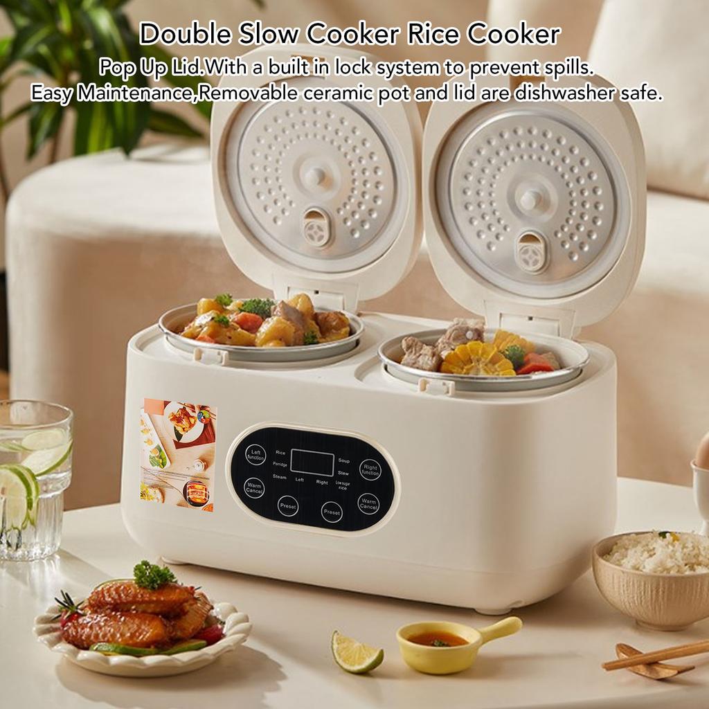 Double Slow Cooker Rice Cooker Pop Up Lid Timer Function Removable Multifunctional Cooking Pot Buffet Server for Kitchen Party