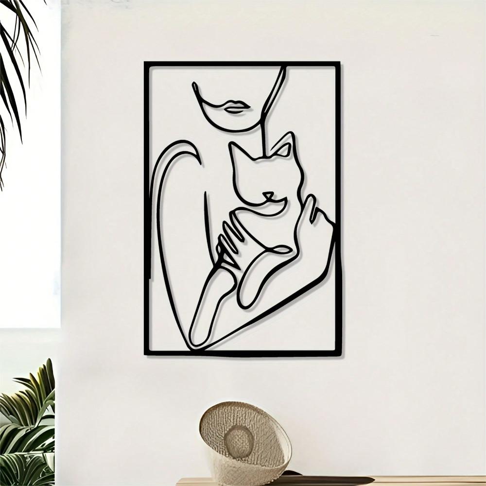 Modern Metal Wall Art Black White Line Art Female Silhouette Holding Cat Framed Square Decor Living Room Bedroom Office