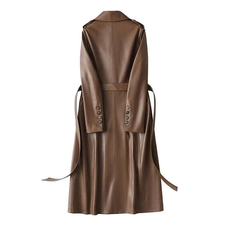 Handmade Genuine Party Wear Fit Brown Women's Casual Lambskin Leather Trench Coat