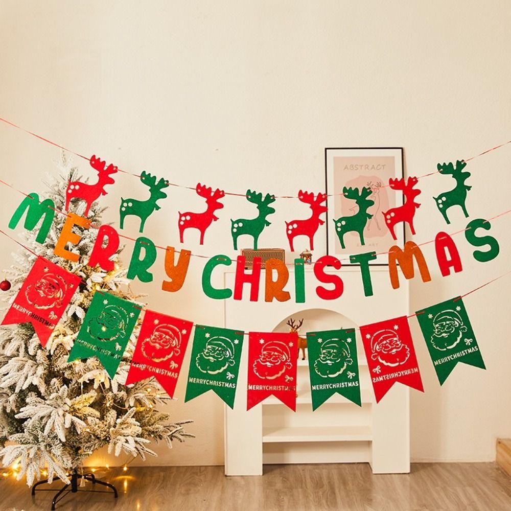 Felt Christmas Banner Red Green Santa Design Xmas Pull Flag Hanging Ornament Elk Design Hanging Bunting Christmas Party