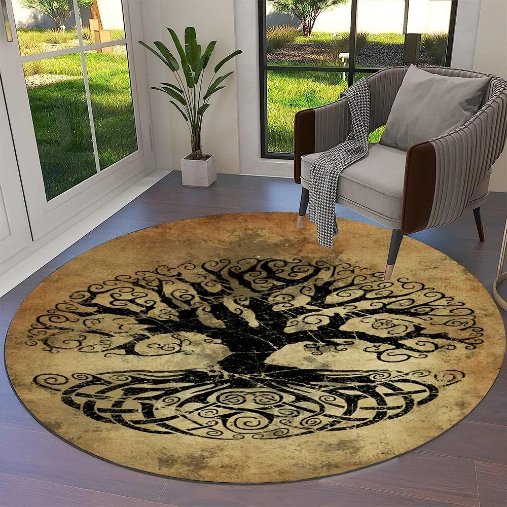 Tree of Life Viking Yggdrasil Valknut Round Carpet Rug for Living Room Bedroom Sofa Decor,Kid Paly Area Rug Non-slip Floor Mat