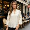 Yousheng Women Tops Stand Collar V-neck Half Sleeve Casual Blouse with Flap Pocket Pure Color Loose Fit Breathable Summer