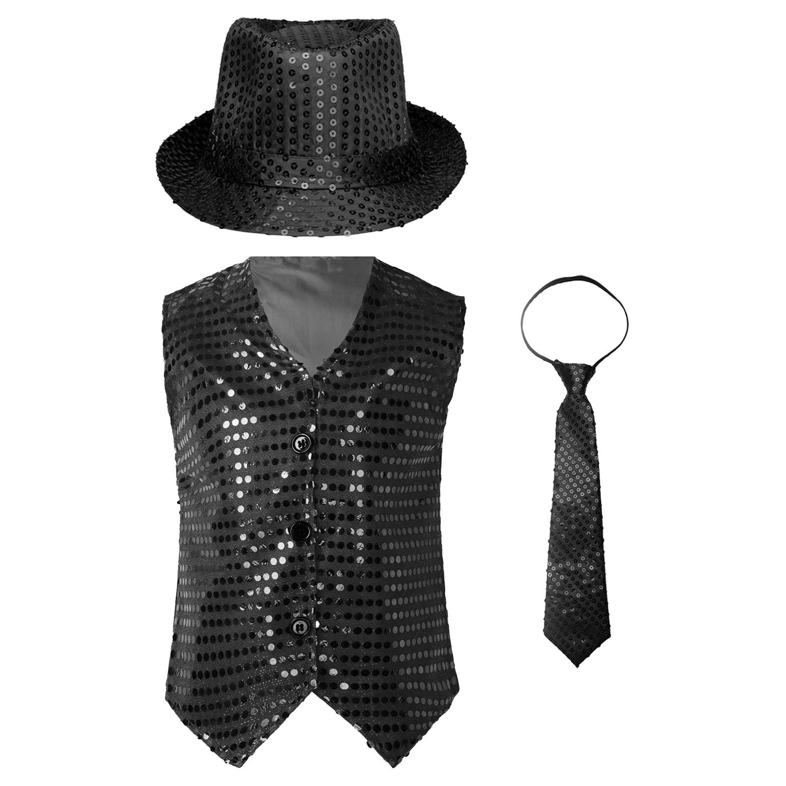

Жилет для джазовых танцев для мальчиков и девочек, без рукавов, с V-образным вырезом, с блестками и пуговицами, подходящая шляпа и галстук для выступлений на сцене 9-12Months чёрный