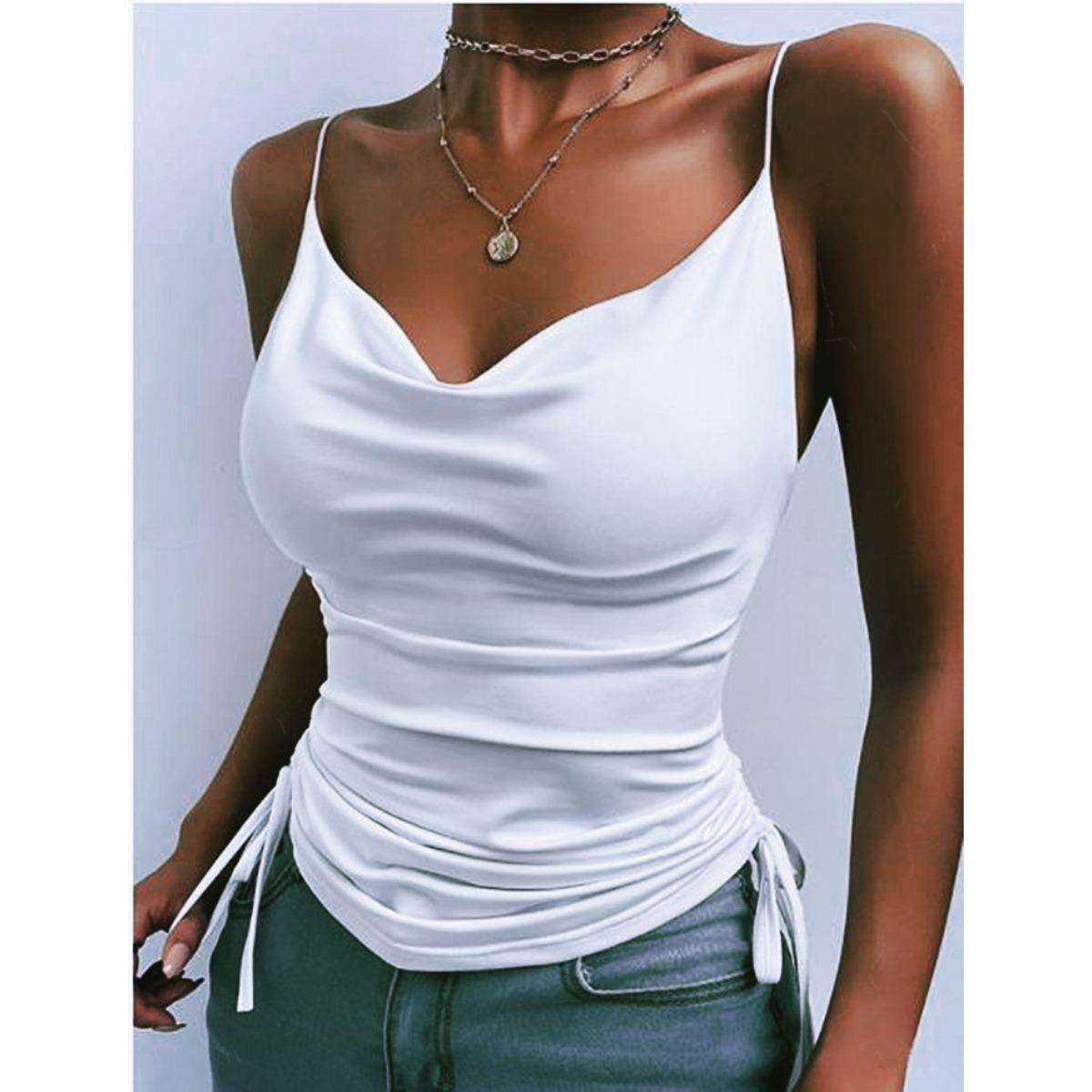 Women s Cowl Neck Spaghetti Strap Cami Top Slim Fit Ruched Drawstring Side Satin Tank Vest S
