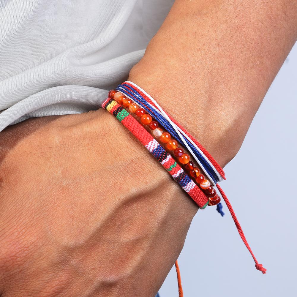3pcs/set Men's Braided Bracelet Set, Natural Stone Couple's Bracelet, Bohemian Ethnic Cotton and Linen Hand-woven Bracelet