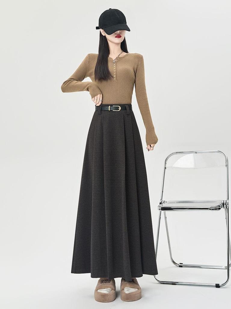 Women's High-Waist Wool Pleated A-Line Skirt - Autumn/Winter Mid-Length Swing Skirt