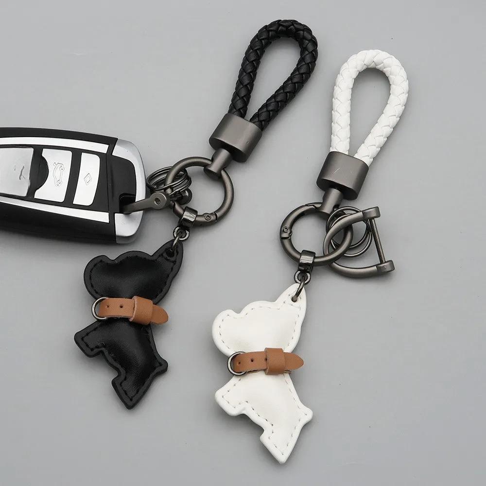 1PC Mini French Bulldog Keychain - Leather & Braided Rope Anti-lost Puppy Pendant, Cute Auto Car Key Accessory