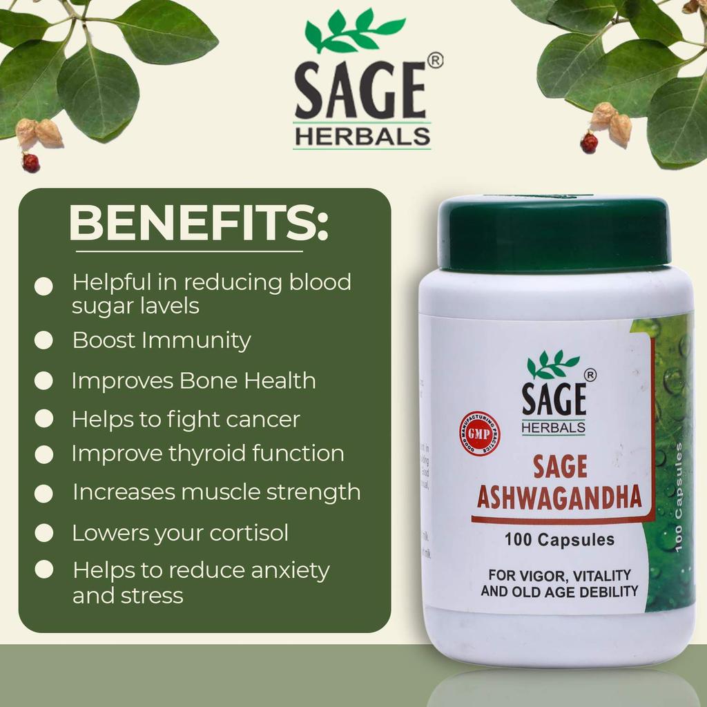 Sage Herbals Ashwagandha Capsules For Men, Immunity Booster | 100 Capsules 150gm 0.3lbs