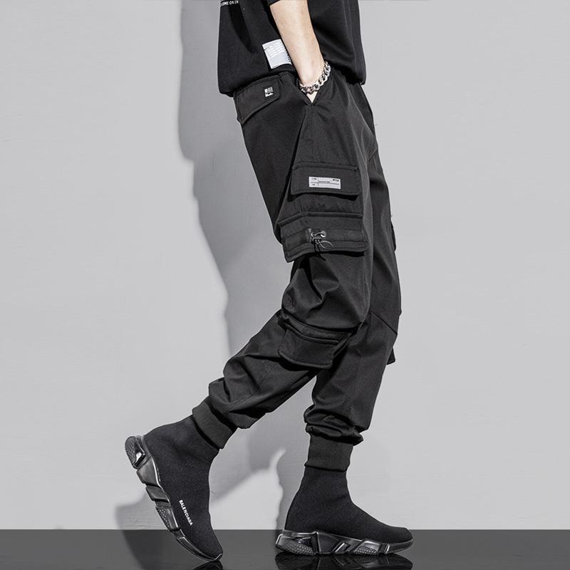 IELGY Men's Black Cargo Pants Multi-pocket Functional Wind Hip Hop Trend Loose