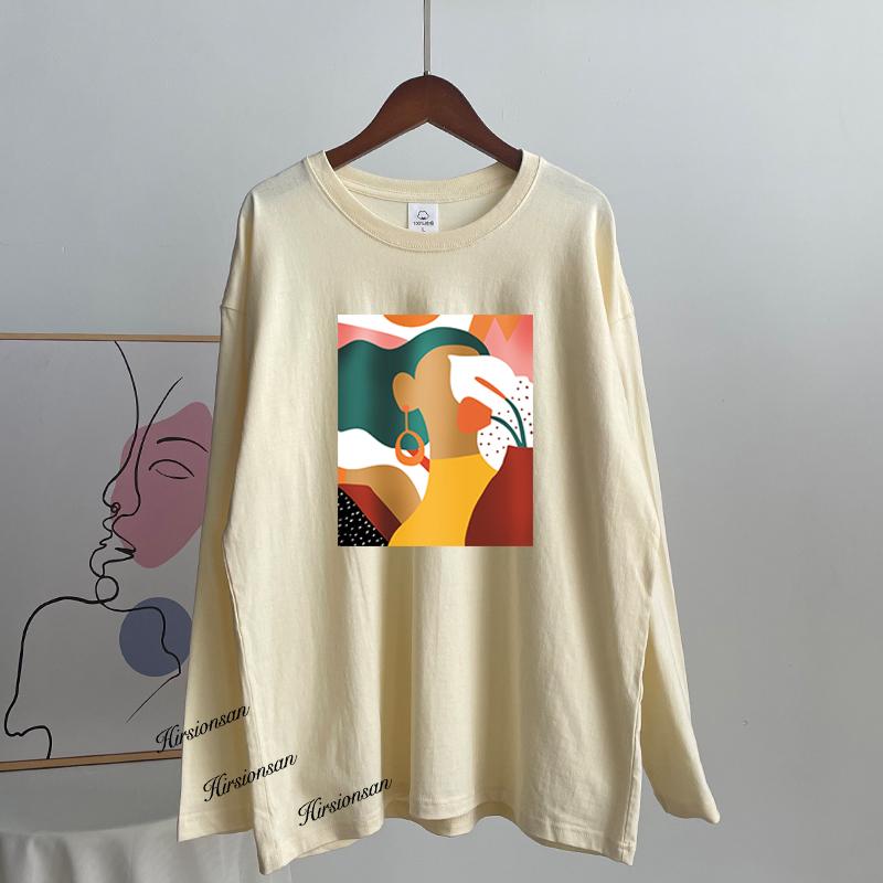 Hirsionsan Vintage Printed Long Sleeve T-shirt Women Loose 100% Cotton O-neck Tees Female Chic Aesthetic Graphic Pullover 2023