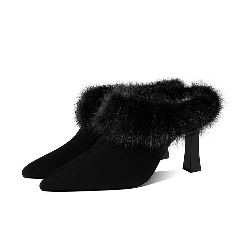 Baotou Slippers Autumn New Pointed Toe Deep Mouth Plush Block Heel Pumps