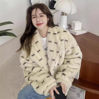 Casaco de lã de vison de bambu com pele de inverno, solto, imitação de pele de vison, lapela feminina, roupas quentes espessadas