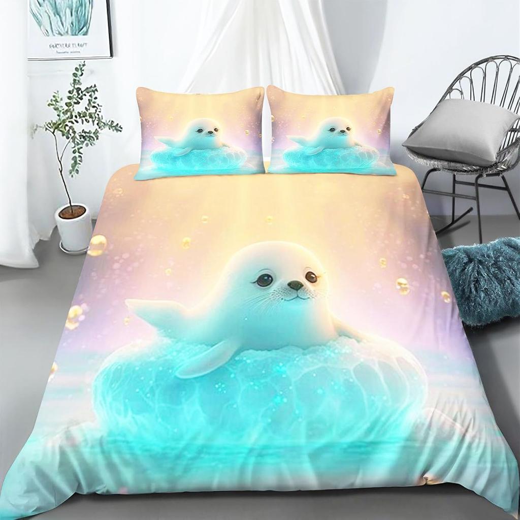 Set de lenjerie de pat cu animale focă pentru copii fete, Set husă de pilotă cu focă de desene animate, Husă de pilotă moale din microfibră cu fețe de pernă 75*50