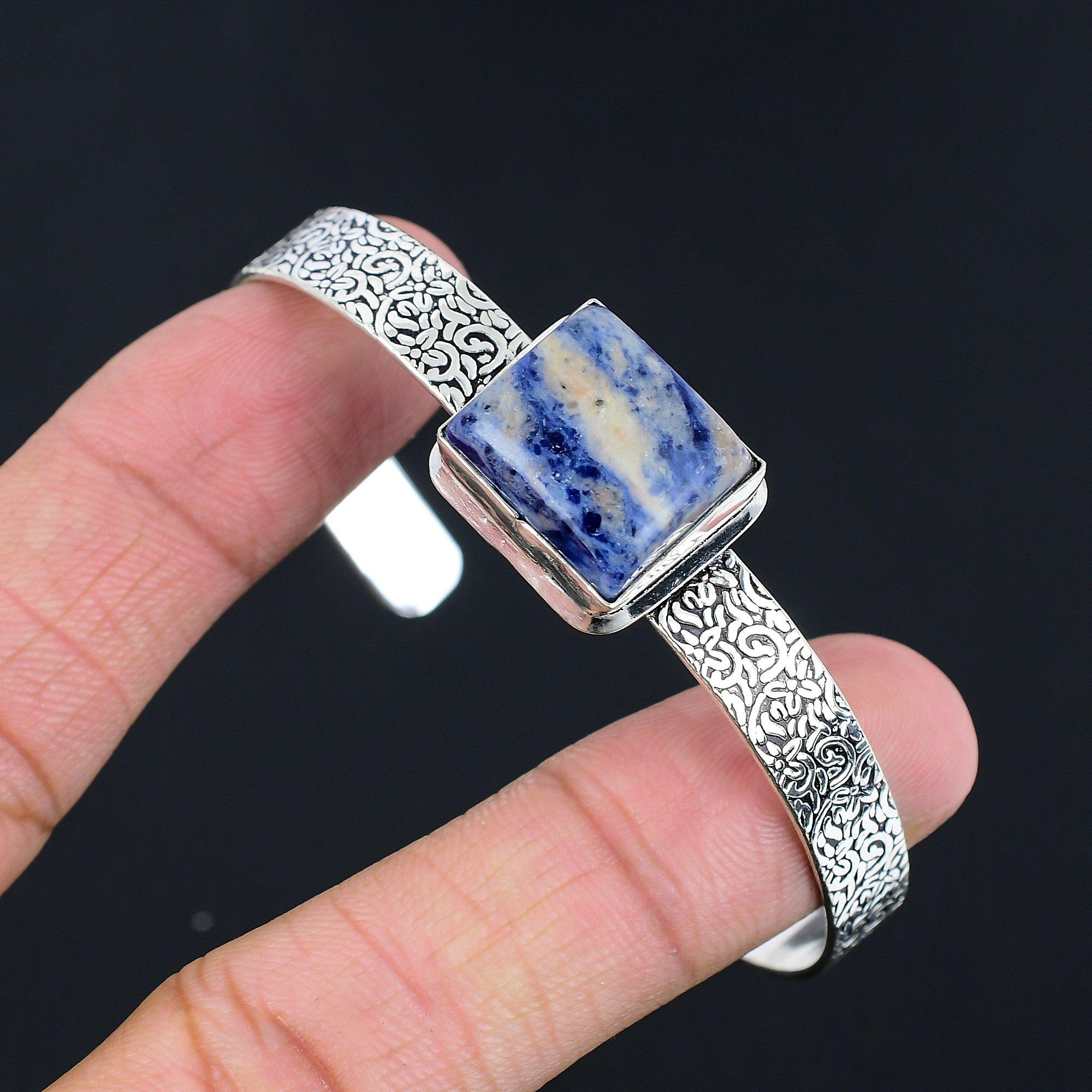 

Birthday Gift For Her Natural Sodalite Gemstone Bangle Adjustable 925 Silver Adjustable
