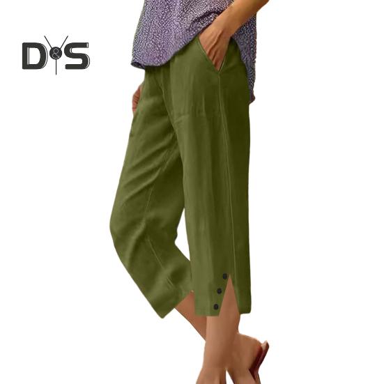 Women Cropped Pants Elastic Waist Wide Leg Beach Pants with Pockets Solid Color Casual Loose Fit Pants
