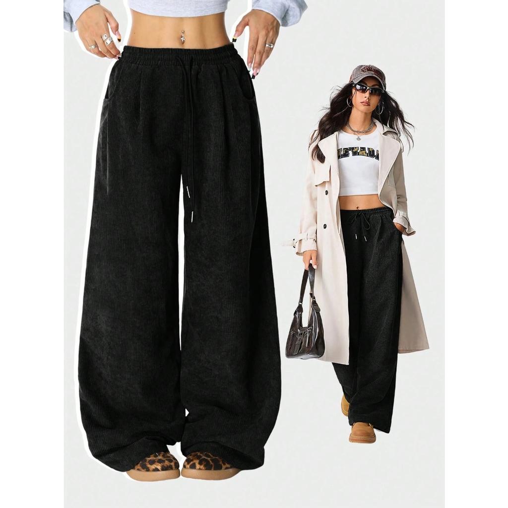 Women's Drawstring Elastic Waist Wide Leg Pants Loose Fit Corduroy Palazzo Trousers
