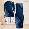 Women Plus Size Two Piece Set Blue Printed Long Sleeve Draped Cardigan Sleeveless Bodycon Dress