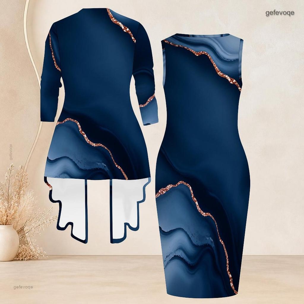 Women Plus Size Two Piece Set Blue Printed Long Sleeve Draped Cardigan Sleeveless Bodycon Dress