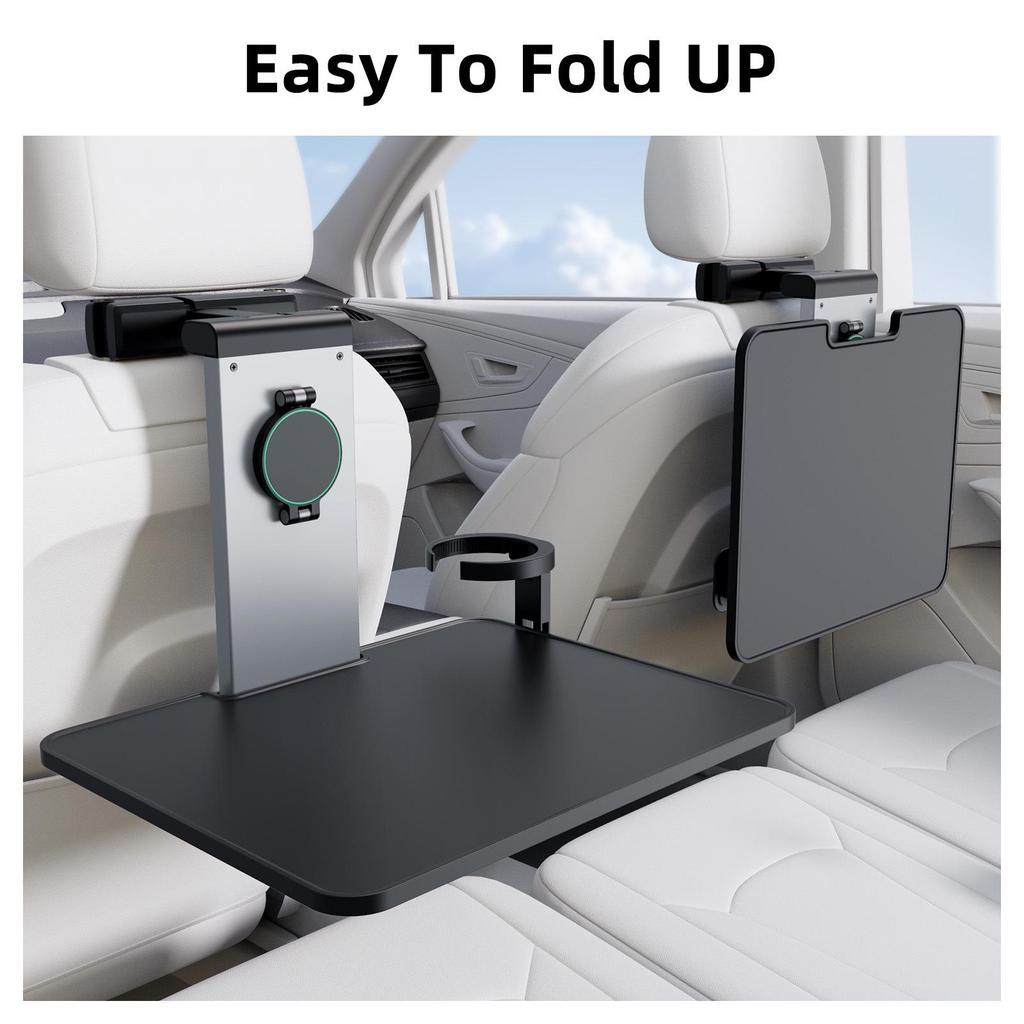 Aluminum Car Seat Phone Holder & Desk with Magnetic Headrest Attachment