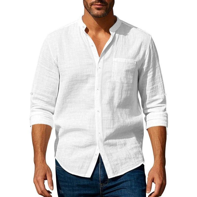 

2026 Spring and Autumn Men s Linen Stand Collar Long Sleeve Breathable Casual Chinese Style Pocket Shirt M белый