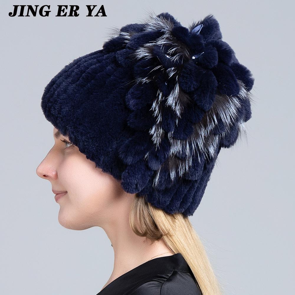 Winter Women's Warm Fashion Beanie Knitted Hat Real Rex Rabbit Fur Hat Knitted with Side Flower Russia Hat