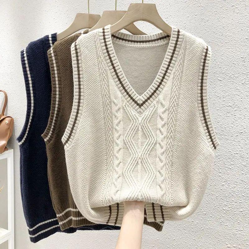 Literature and Art College Style Women's Knitted Vest Loose Autumn V-Neck Fried Dough Twists Sweater Bottom Shirt